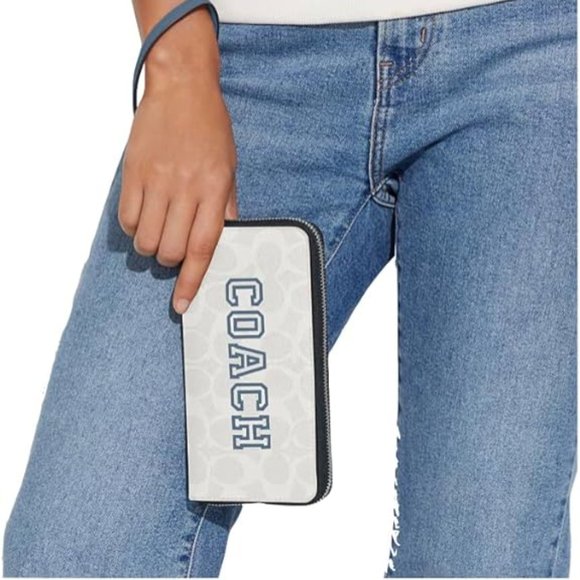 Coach Long Zip Around Wallet Signature Canvas Varsity Motif - Chalk Indigo CB856 - Picture 1 of 2